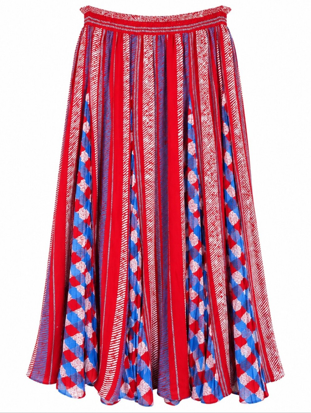 VTG 80s Diane Freis Pleated Maxi Skirt L-XL Red Blue Checkerboard Striped Boho